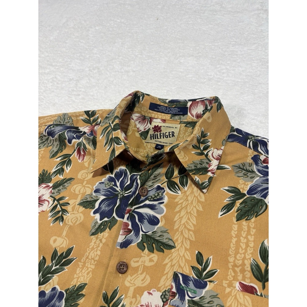 Tommy Hilfiger Men's Large Yellow Hawaiian Camp Shirt Short Sleeve Vintage